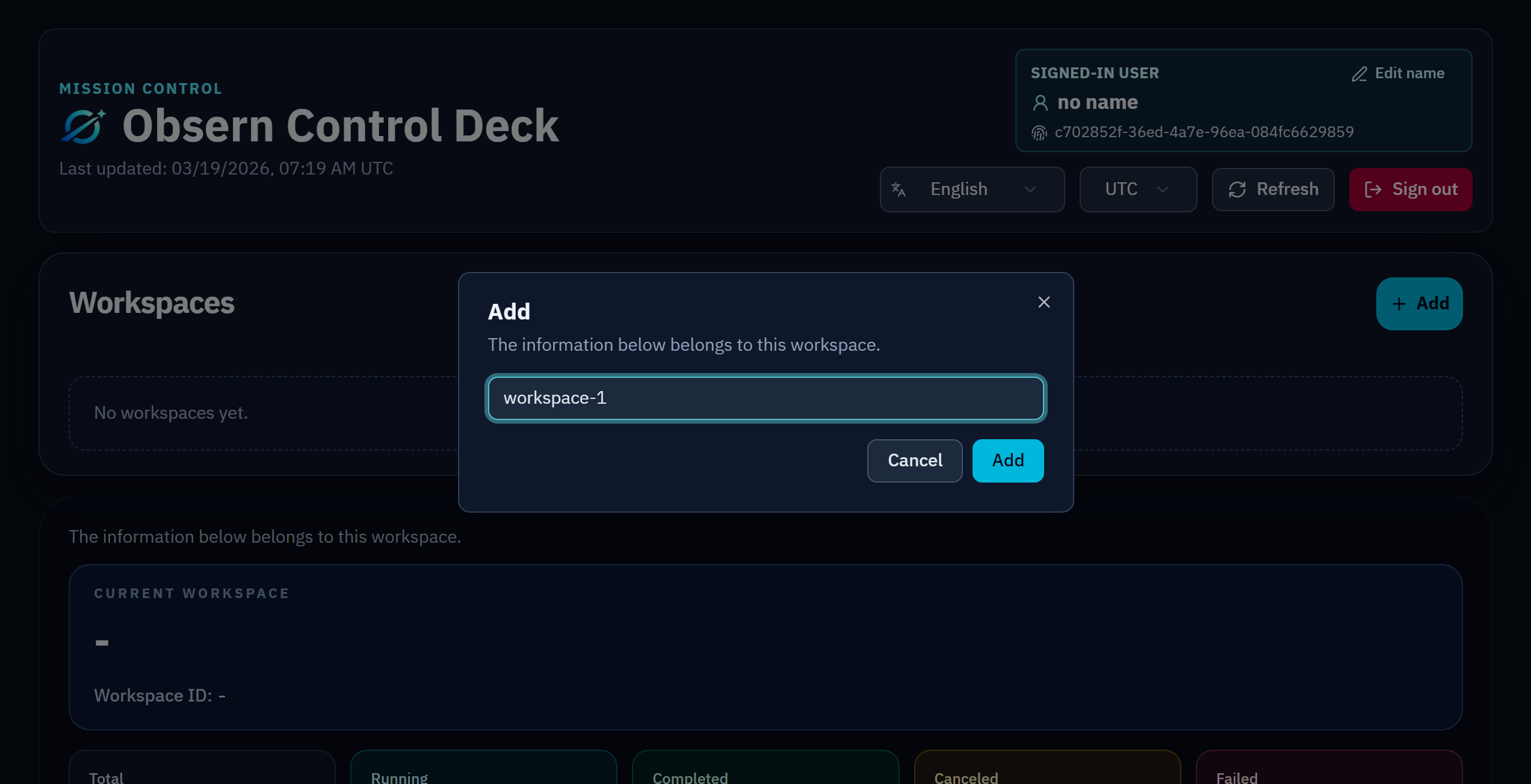 Creating a workspace from Add dialog